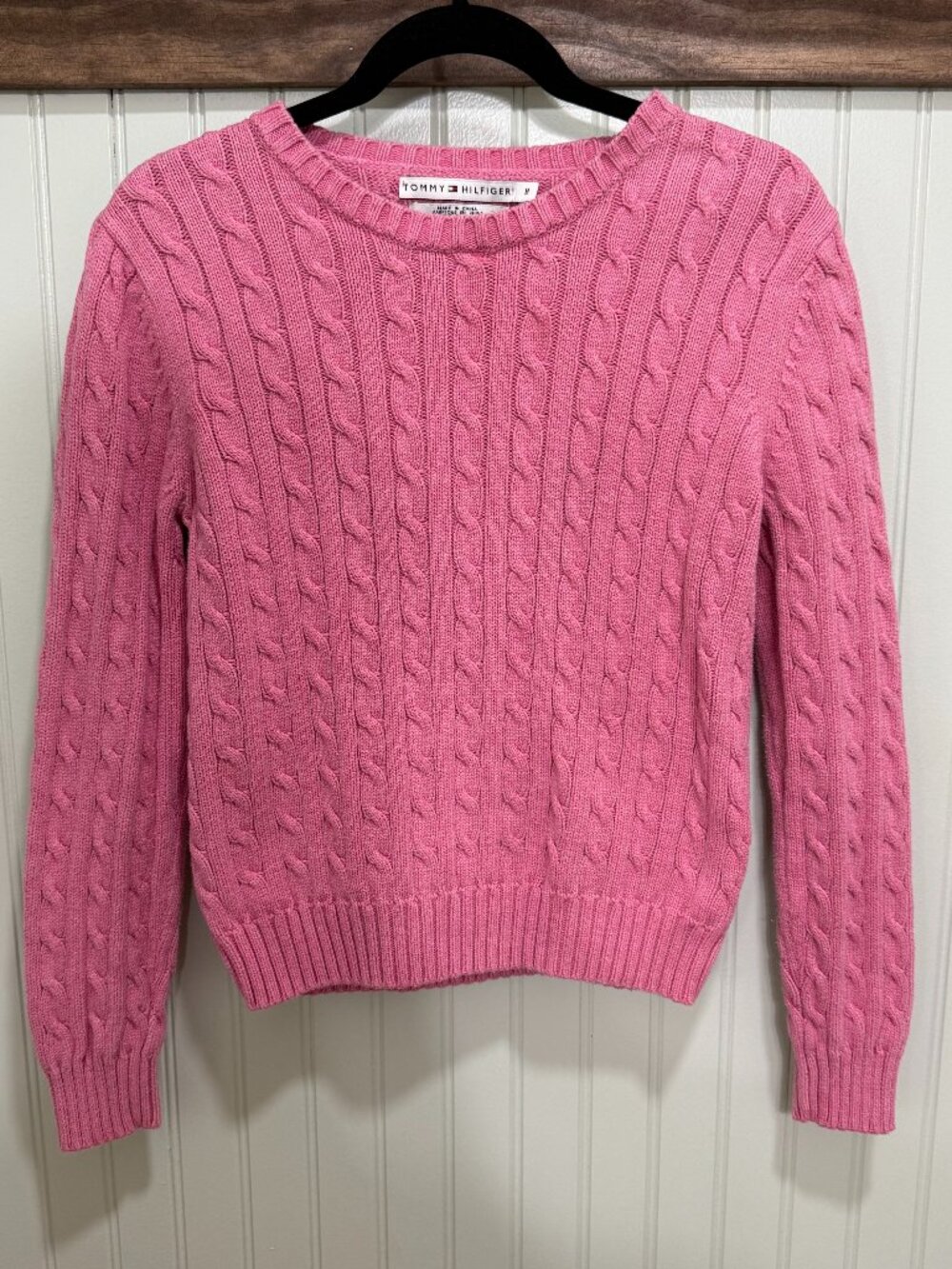 Tommy Hilfiger Pink Cable Knit Sweater Medium 100% Cotton Preppy Crewneck